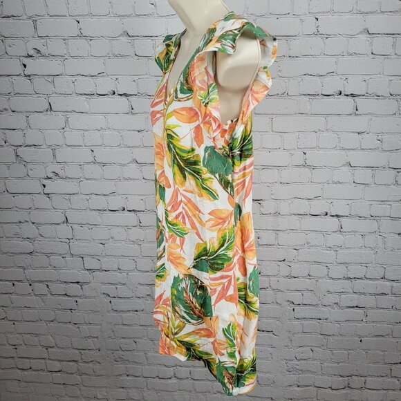 Nicole Miller Multicolor 100% Linen Leaf Print Flutter Sleeve Shift Dress XS - Picture 8 of 10